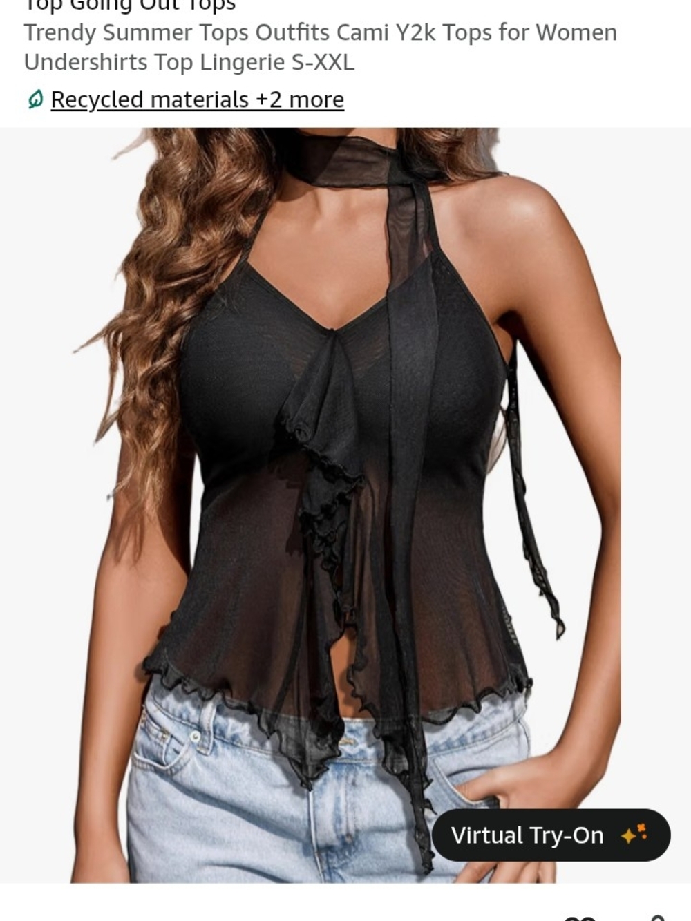 Sheer Ruffle Halter Camisole Top - Black